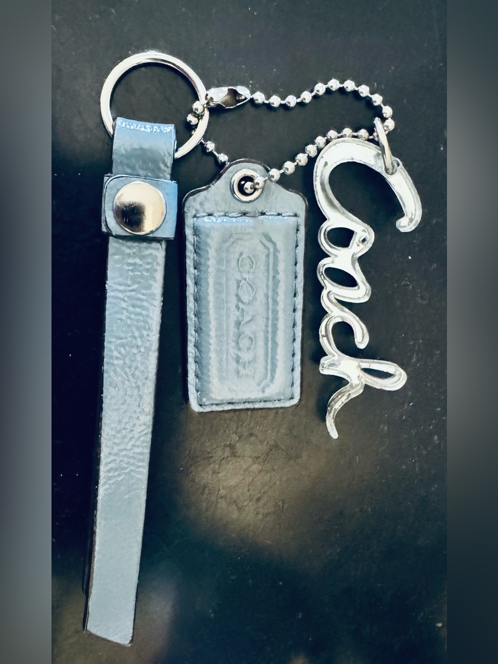 Coach Periwinkle Blue Leather Hangtag, Coach Poppy Script, Tassle, Silver - EUC